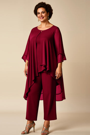 Burgundy Chiffon Round Neck 2 Piece Plus Size Mother Of Bride Pantsuits